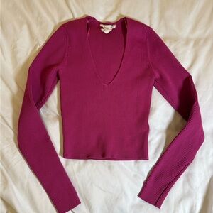 Happily Grey S Magenta V-Neck Ribbed Top